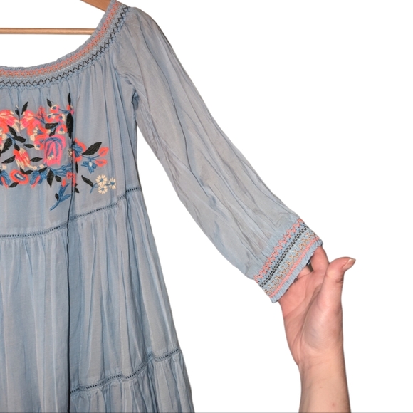 Free People Sunbeams Embroidered Boho Off Shoulder 3/4 Sleeve Lined Mini Dress - Picture 8 of 13